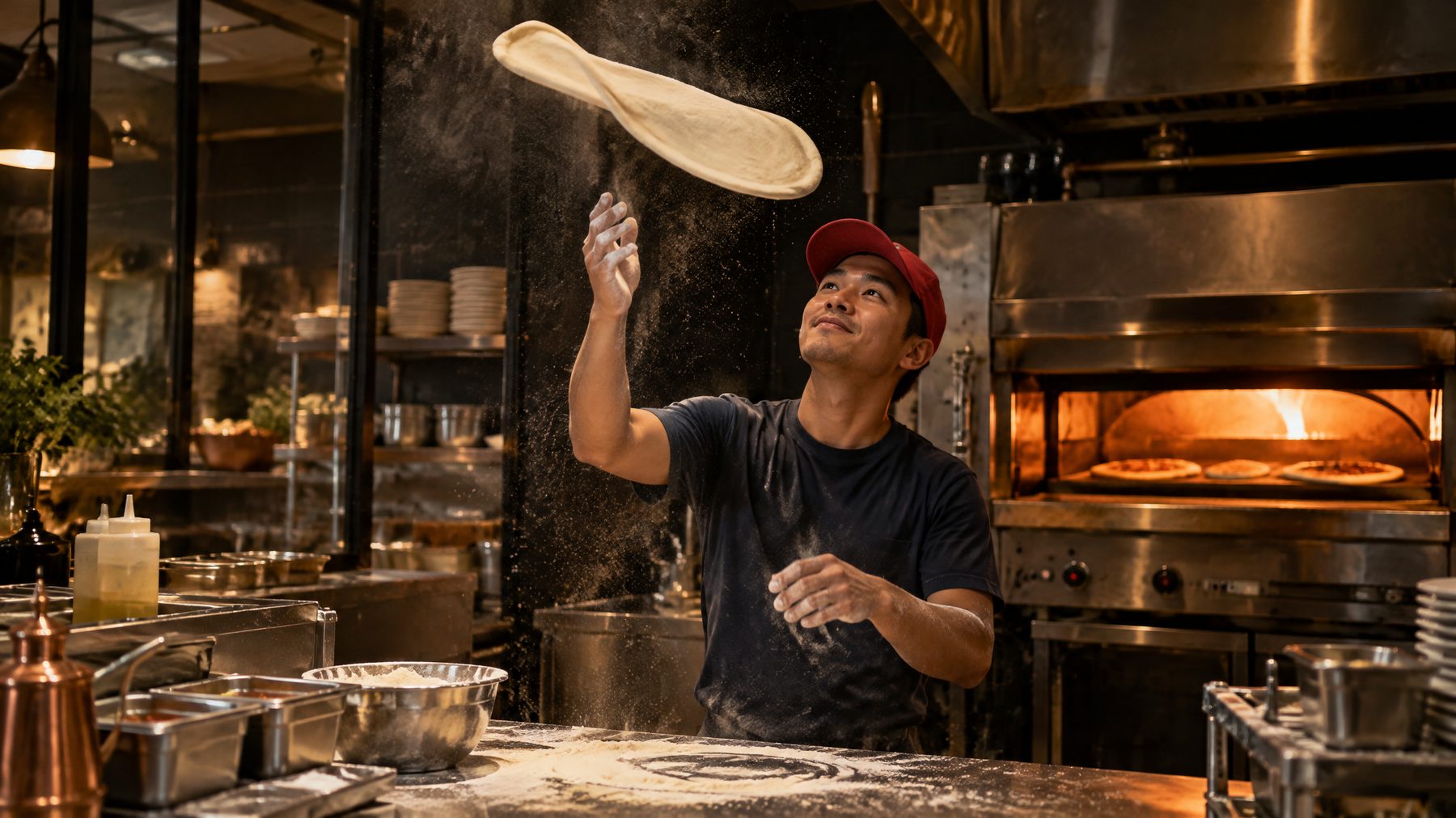 Pizzaiolo tossing dough at an open kitchen