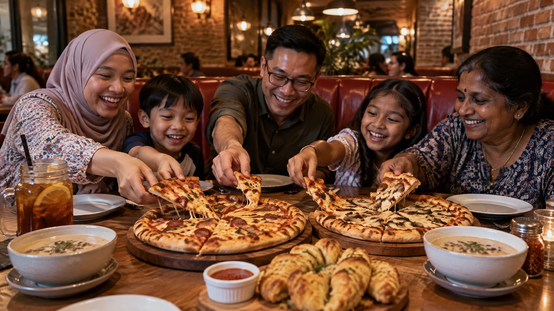 Family sharing pizza