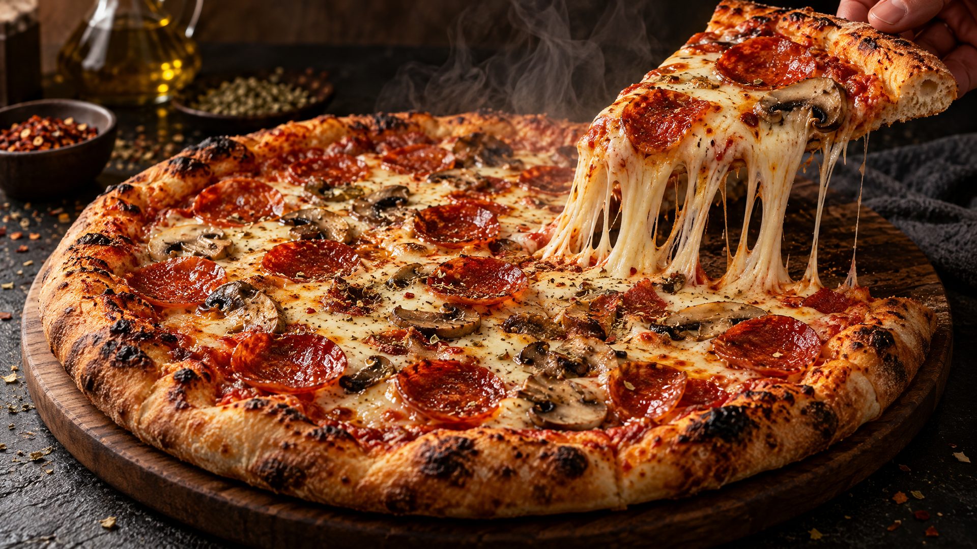 Hand-tossed pepperoni pizza with a cheese pull