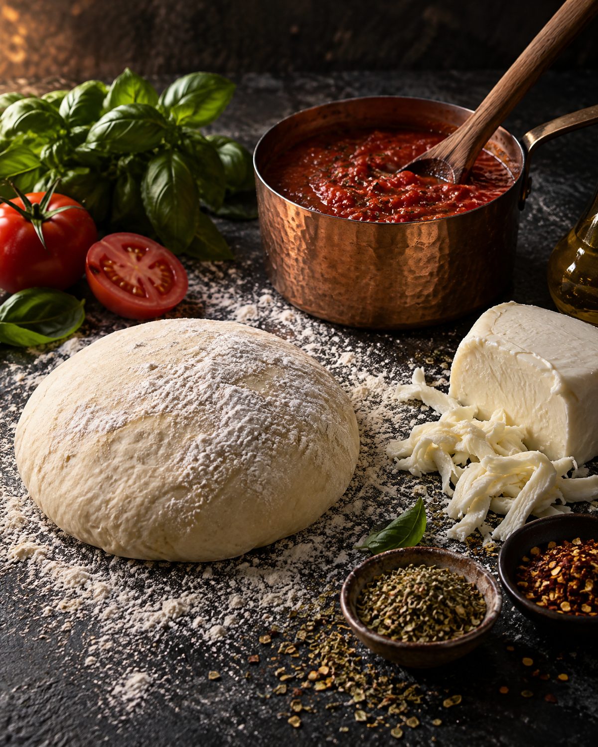 Dough, sauce and cheese